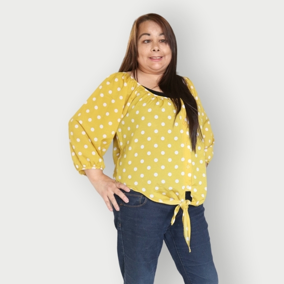 COLLECTION COSTA BLANCA WOMENS L YELLOW & WHITE POKA DOT SHIRT - Picture 5 of 14